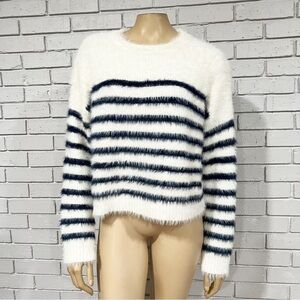 La Ligne x Target Women's Cream/Navy Fuzzy Yarn Striped Crewneck Sweater